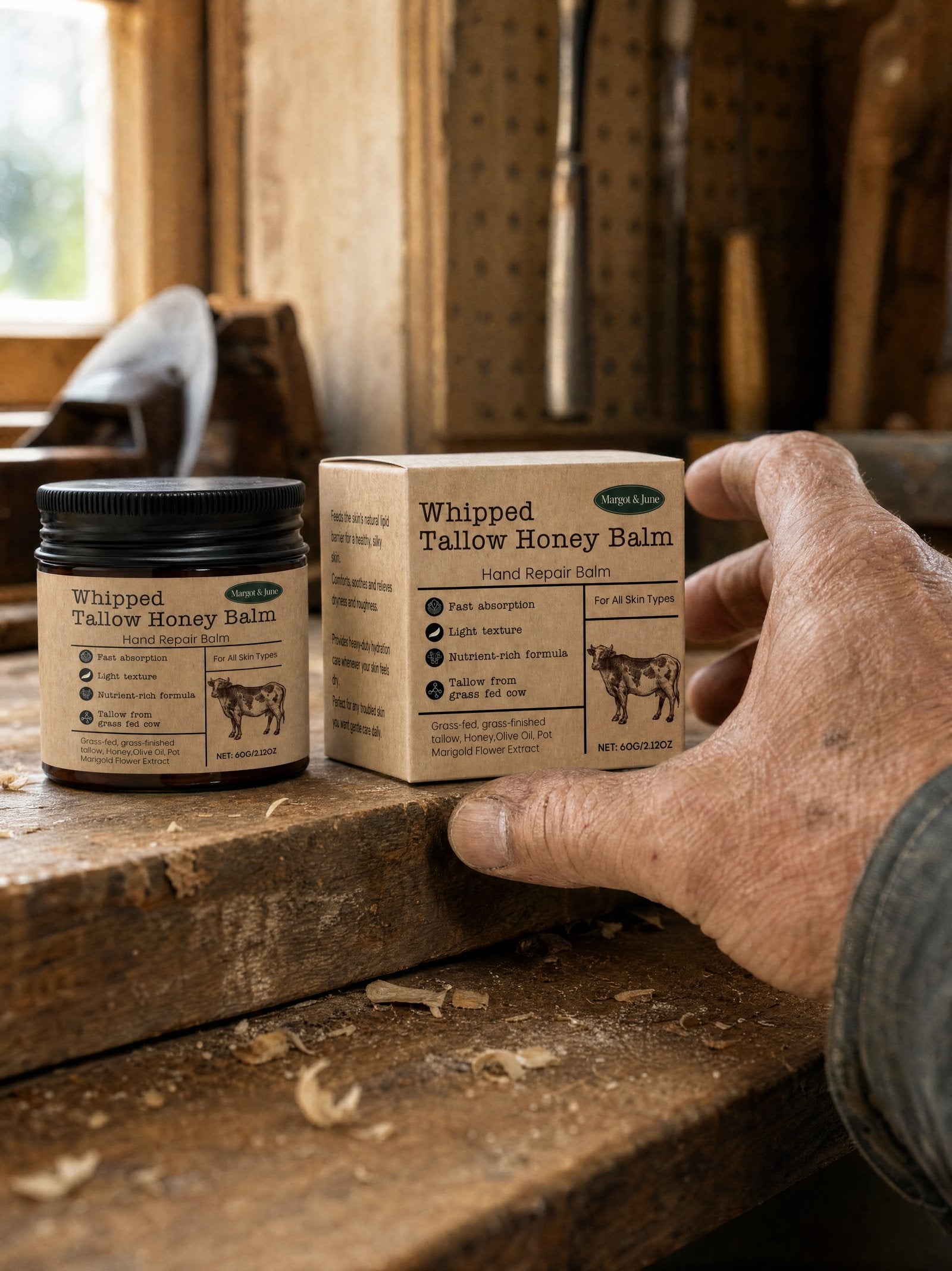 The Working Hands Repair Balm on a workbench